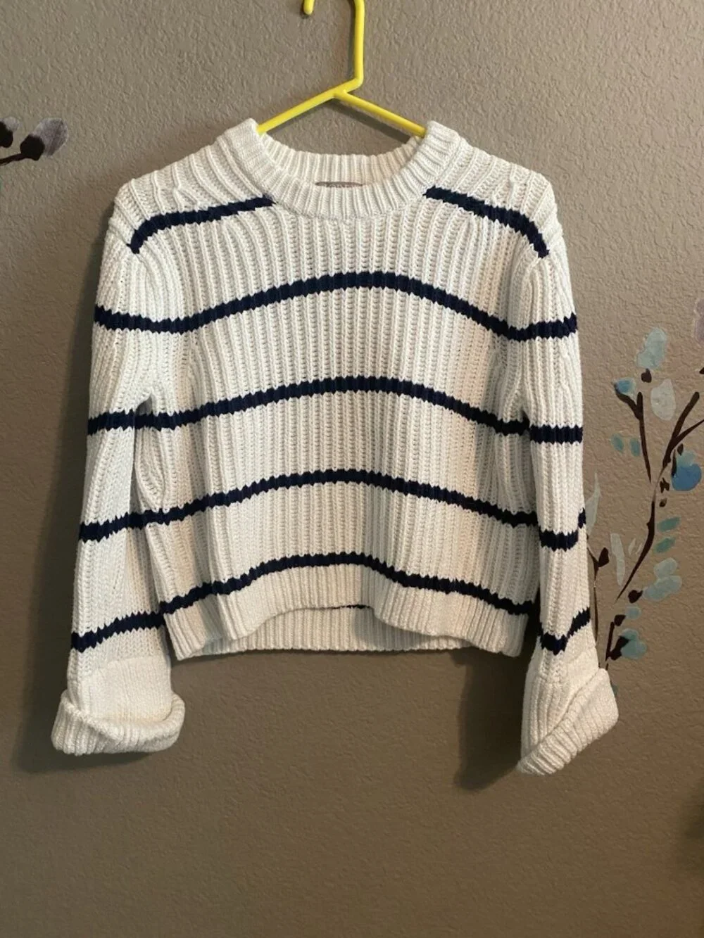j crew heritage cotton Fisherman crewneck sweater  Stripe Crop Chunky S